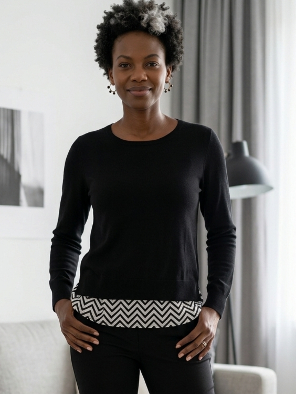 NWT AB Studio Twofers Black Long Sleeve Sweater with Chevron Blouse Detail sz XL